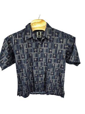 Tori Richard Honolulu Mens L Hawaiian Aloha Shirt With Geometric Palm Print Blue